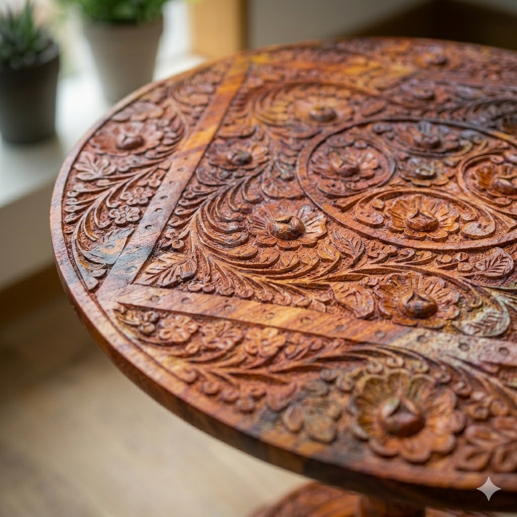 Hand-Carved Round Wood Coffee Table