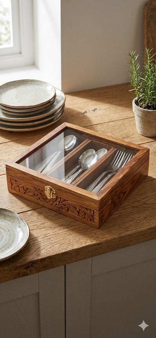 Hand-Carved Wooden Spoon Storage Box