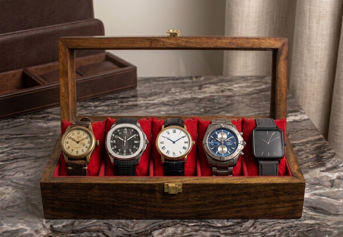 5-Slot Handmade Wooden Watch Box with Glass Display – Luxury Organizer