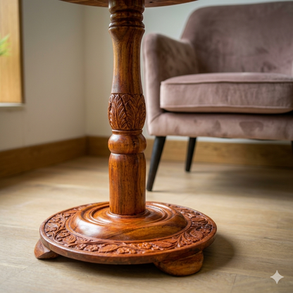 Hand-Carved Round Wood Coffee Table