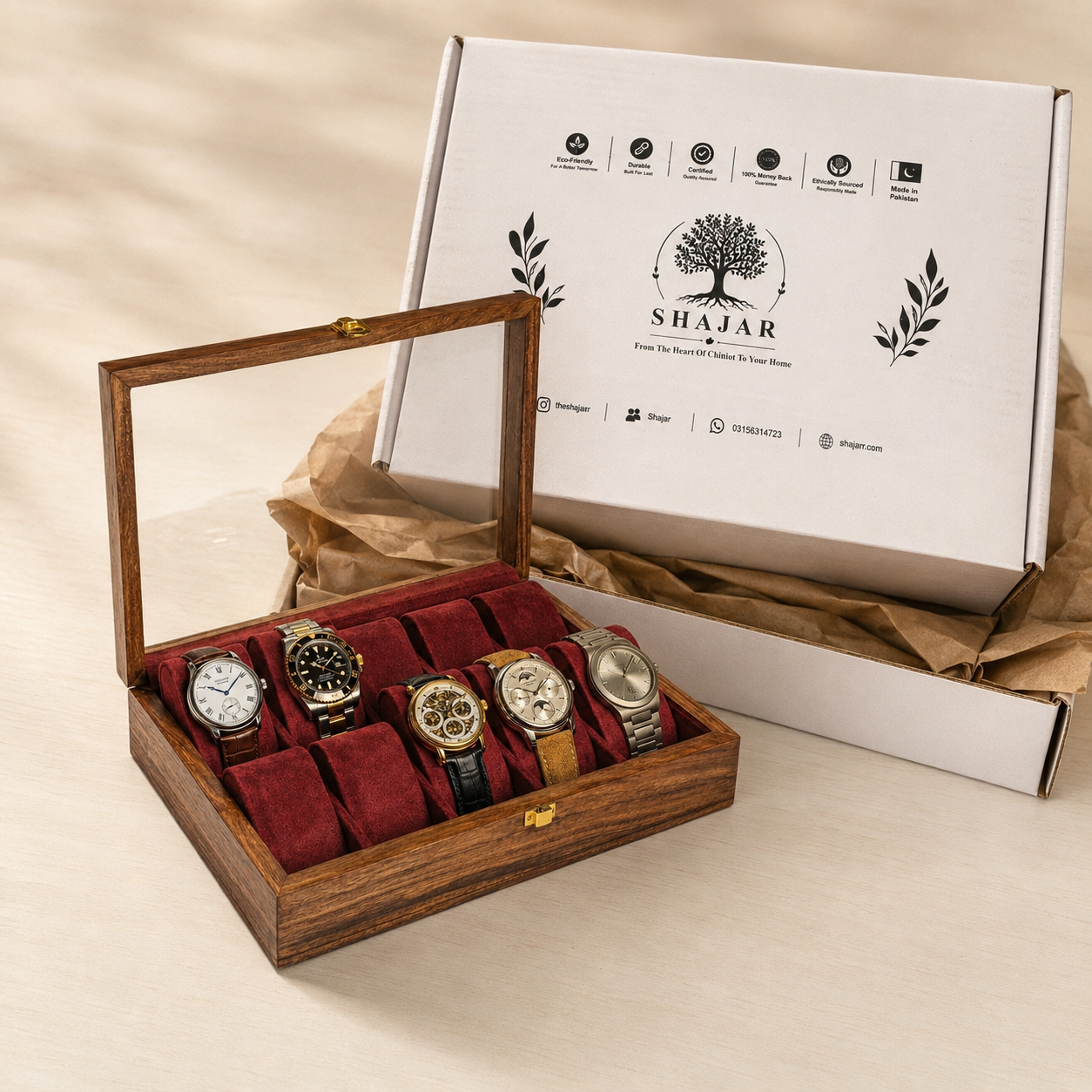 Luxury Handmade Wooden Watch Box for 10 Watches with Acrylic Glass Lid & Gold-Tone Closure