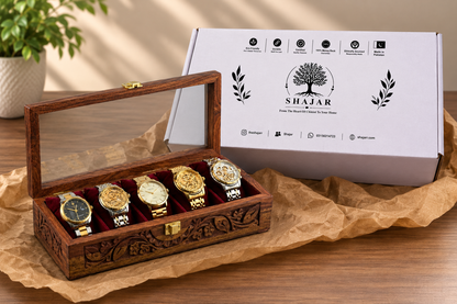 Hand-Carved 5-Slot Wooden Watch Box – Premium Gift for Him 🎁