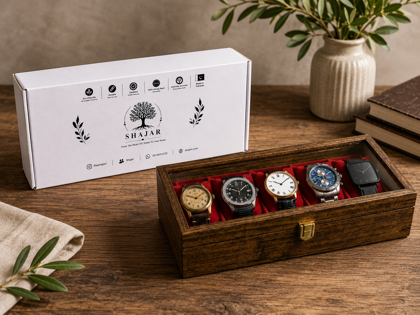 5-Slot Handmade Wooden Watch Box with Glass Display – Luxury Organizer