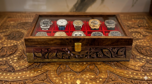 Carving 10 Watches Handmade Wooden Box with Acrylic Glass Top & Golden Button