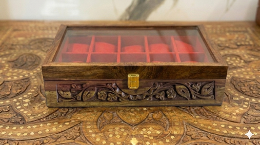 Carving 10 Watches Handmade Wooden Box with Acrylic Glass Top & Golden Button