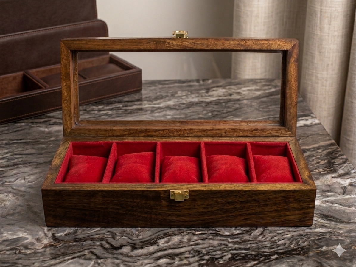 5-Slot Handmade Wooden Watch Box with Glass Display – Luxury Organizer