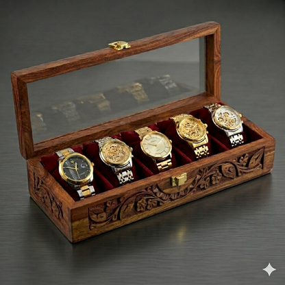 Hand-Carved 5-Slot Wooden Watch Box – Premium Gift for Him 🎁