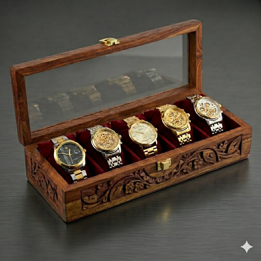 Hand-Carved 5-Slot Wooden Watch Box – Premium Gift for Him 🎁