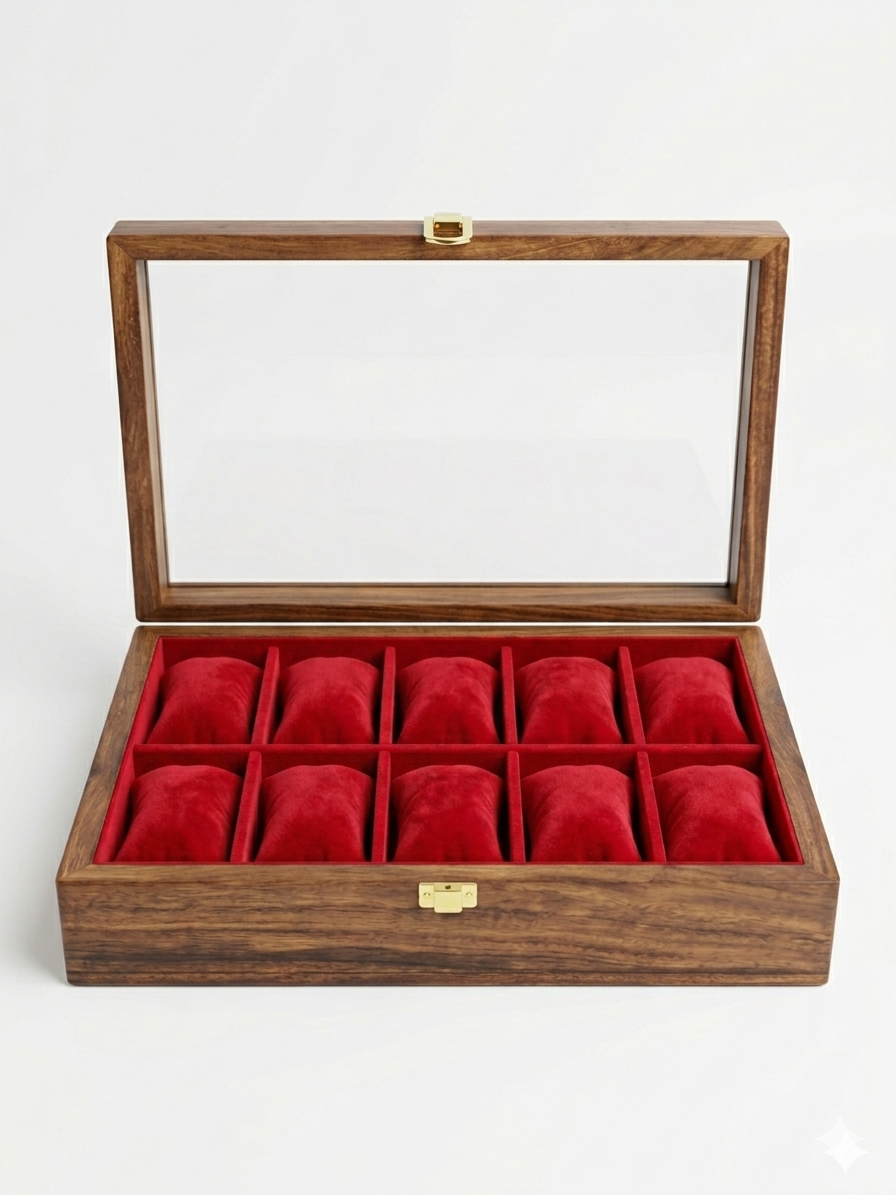 Luxury Handmade Wooden Watch Box for 10 Watches with Acrylic Glass Lid & Gold-Tone Closure