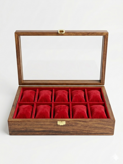 Luxury Handmade Wooden Watch Box for 10 Watches with Acrylic Glass Lid & Gold-Tone Closure