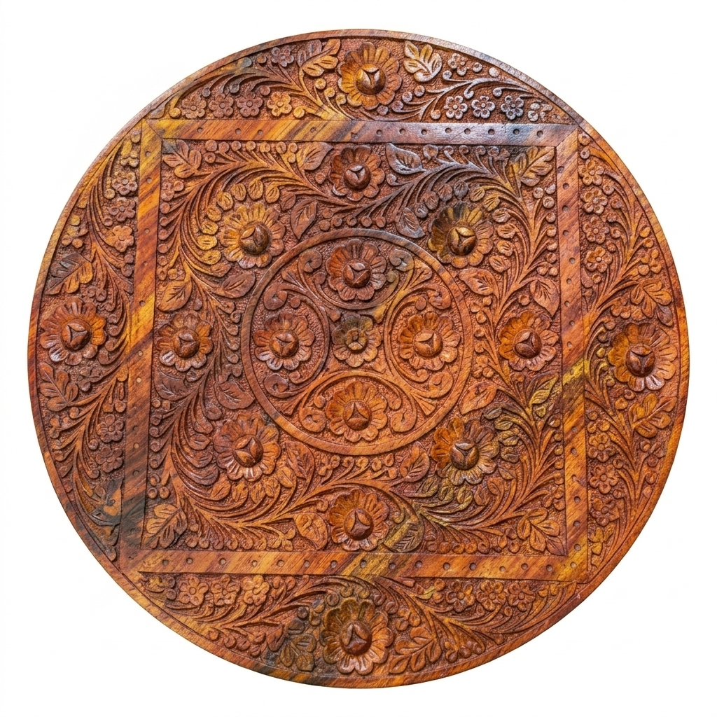 Hand-Carved Round Wood Coffee Table
