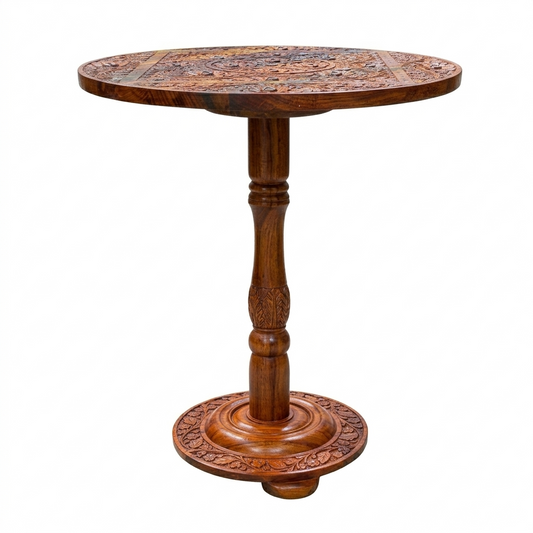 Hand-Carved Round Wood Coffee Table