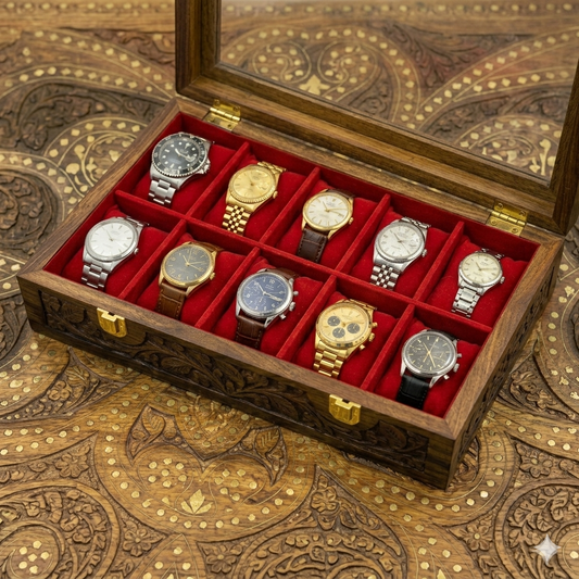 Carving 10 Watches Handmade Wooden Box with Acrylic Glass Top & Golden Button