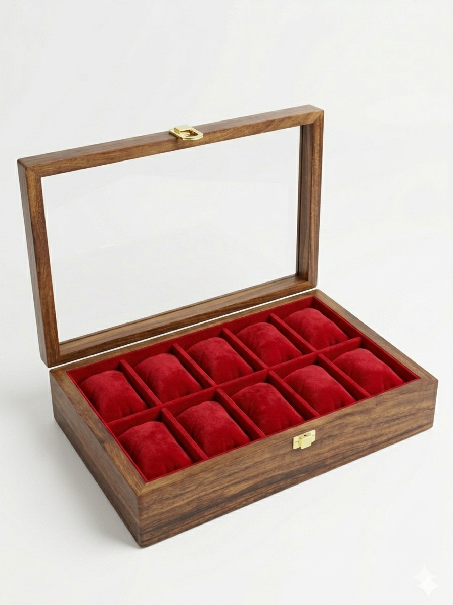 Luxury Handmade Wooden Watch Box for 10 Watches with Acrylic Glass Lid & Gold-Tone Closure