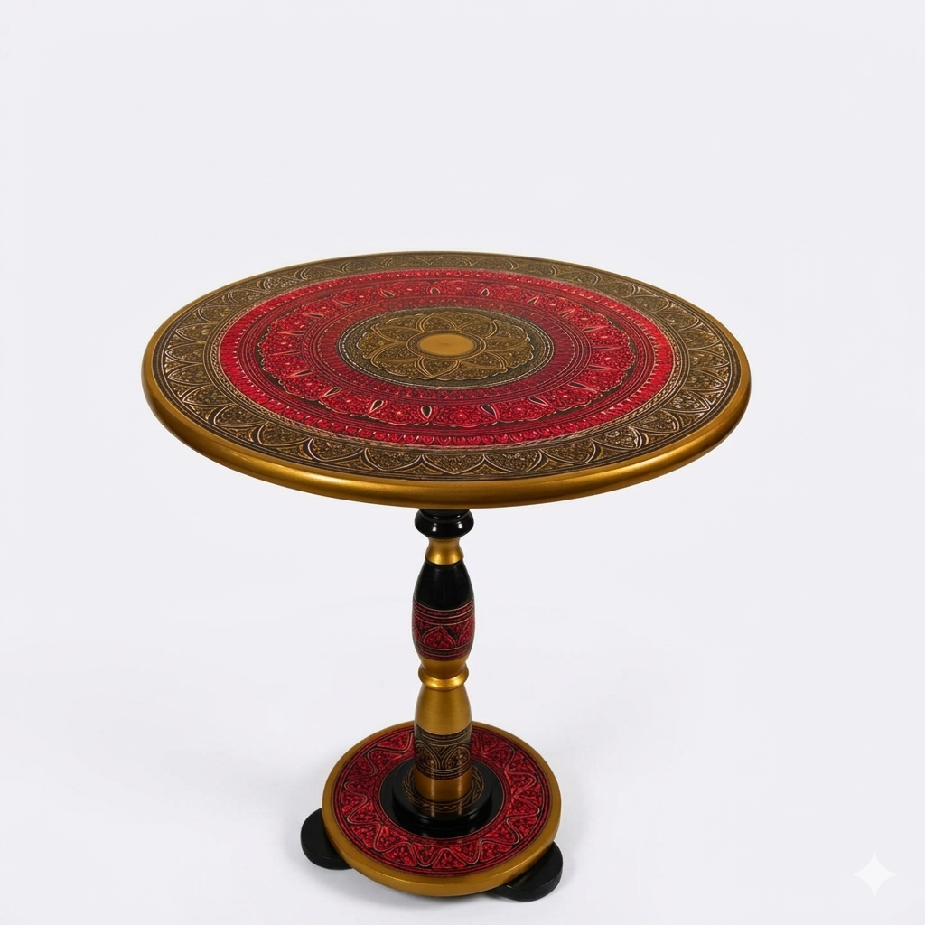 Artisan Nakshi Art Coffee Table - Vibrant Red & Gold