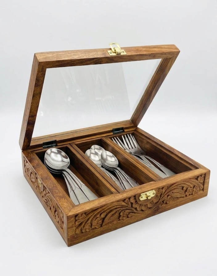Hand-Carved Wooden Spoon Storage Box