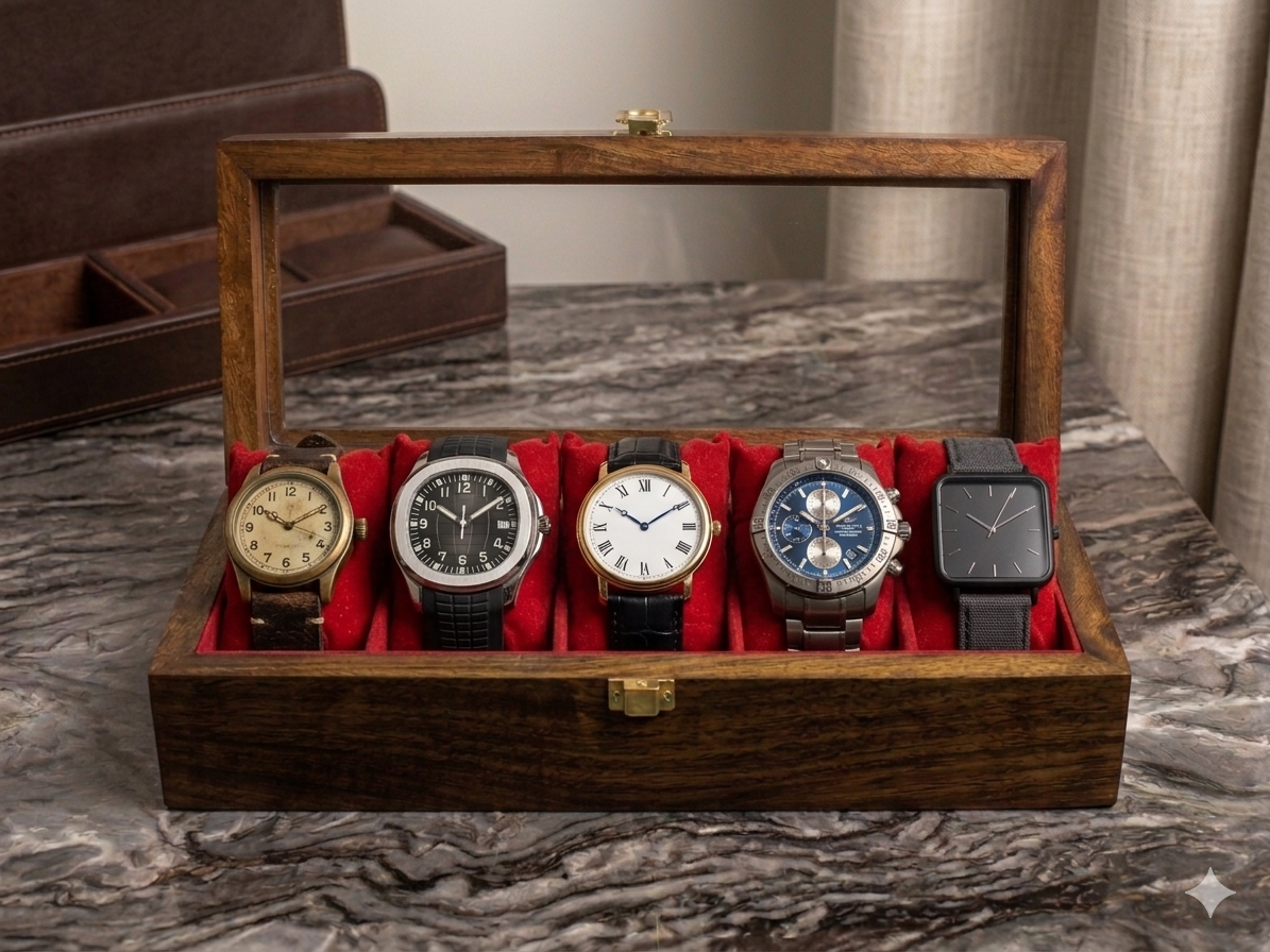 5-Slot Handmade Wooden Watch Box with Glass Display – Luxury Organizer