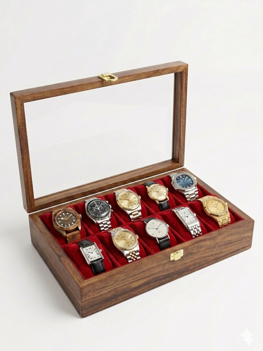 Luxury Handmade Wooden Watch Box for 10 Watches with Acrylic Glass Lid & Gold-Tone Closure