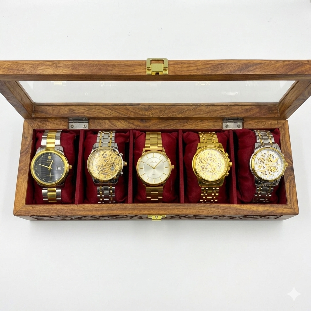 Hand-Carved 5-Slot Wooden Watch Box – Premium Gift for Him 🎁