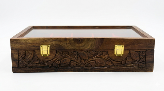 Carving 10 Watches Handmade Wooden Box with Acrylic Glass Top & Golden Button