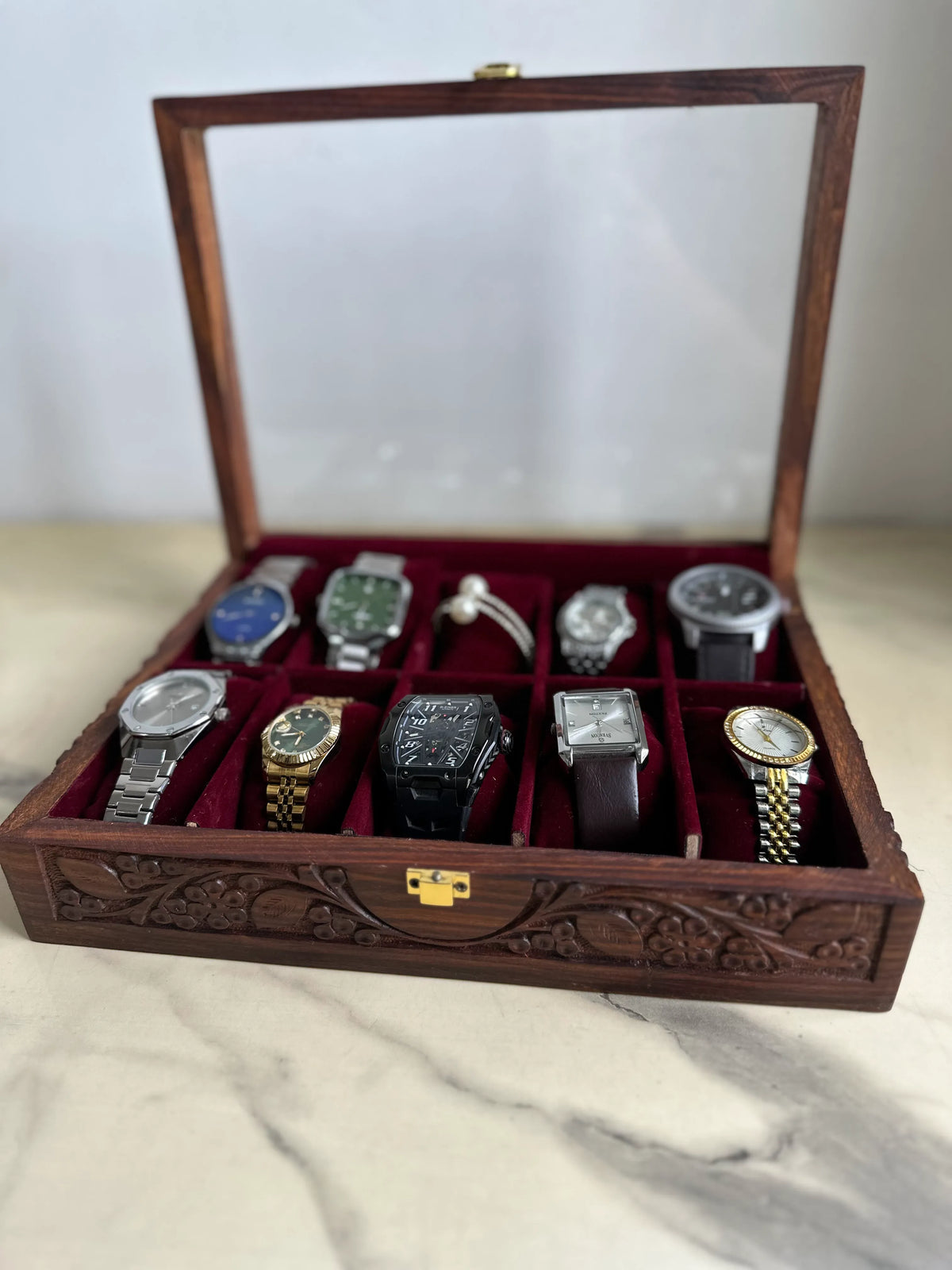 Hand-Carved Luxury 10-Slot Wooden Watch Box – Premium Gift for Him 🎁