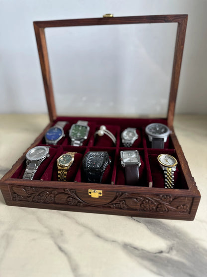 Hand-Carved Luxury 10-Slot Wooden Watch Box – Premium Gift for Him 🎁