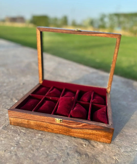 Luxury Handmade Wooden Watch Box for 10 Watches with Acrylic Glass Lid & Gold-Tone Closure - Shajar
